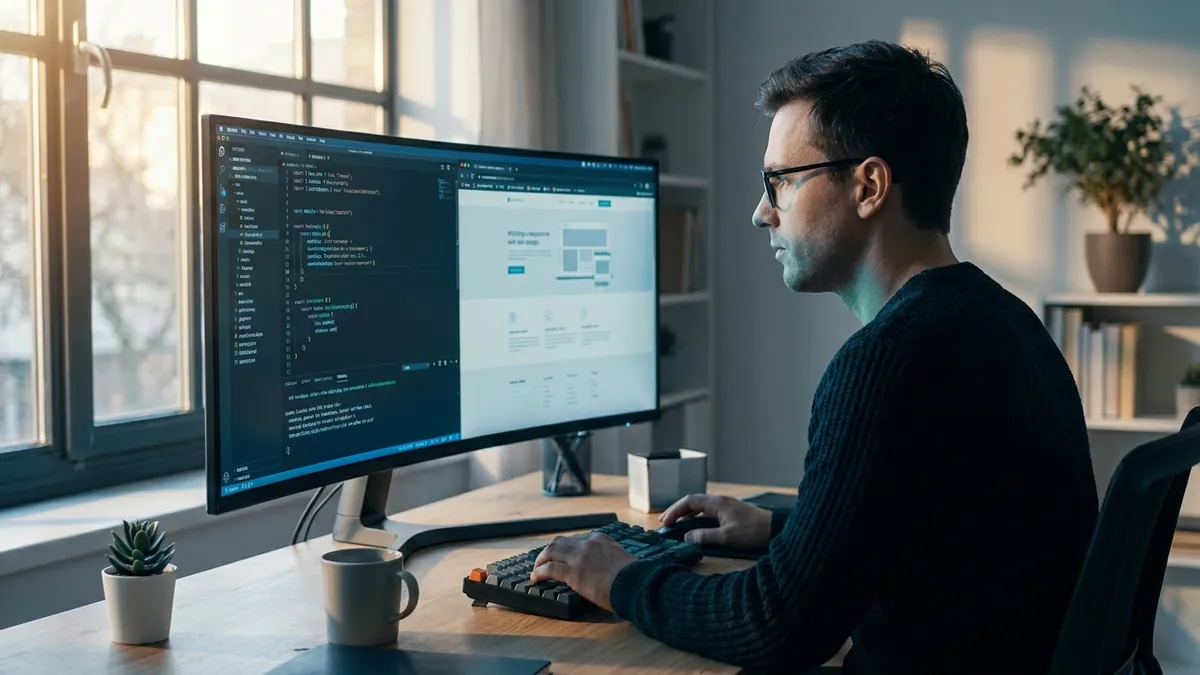 Webentwickler arbeitet an einem komponentenbasierten Astro-Projekt mit Code-Editor und Website-Vorschau auf einem Ultrawide-Monitor