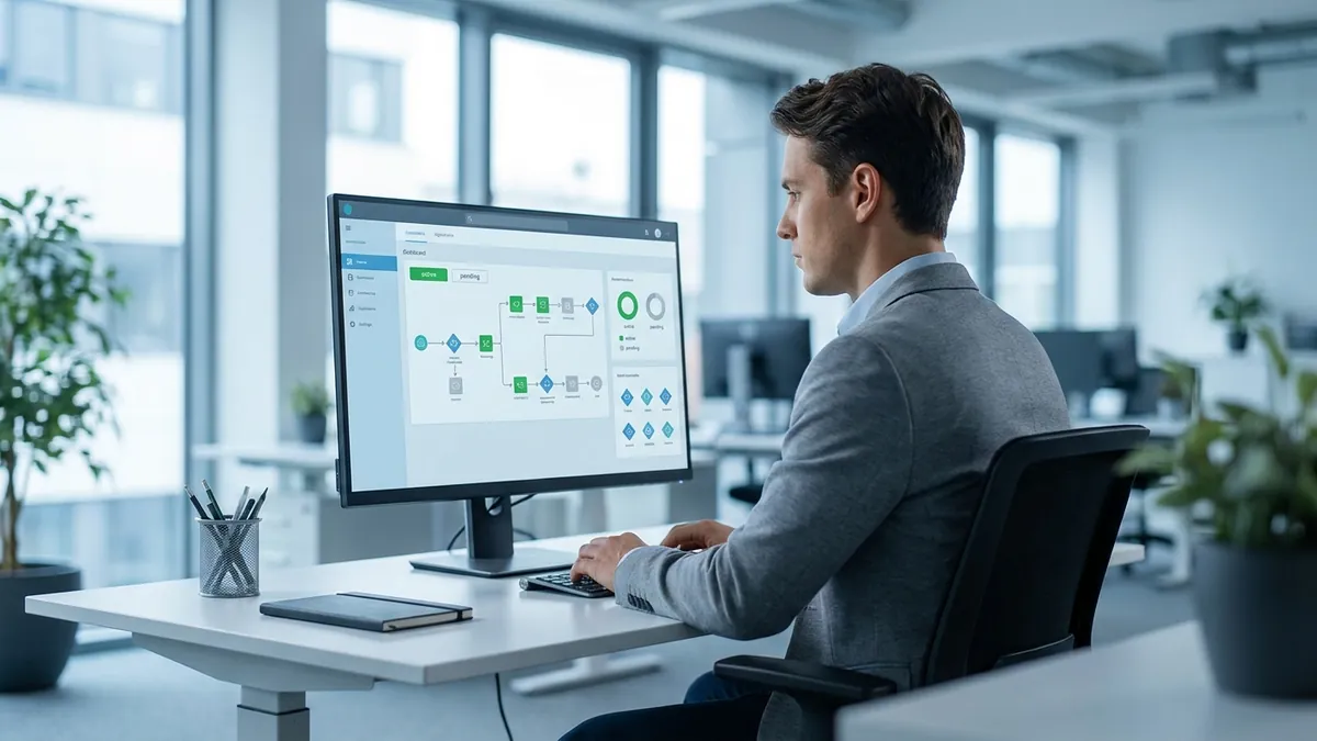Unternehmer organisiert automatisierte Arbeitsabläufe an einem Monitor mit Prozess-Dashboard