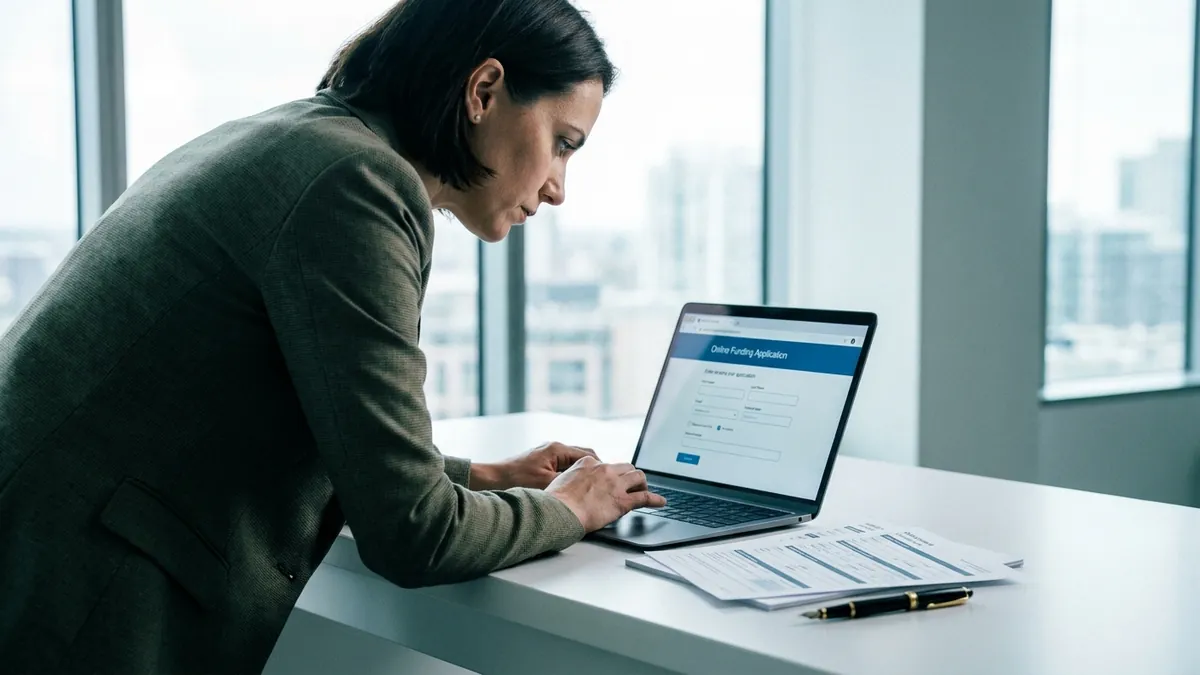 Geschäftsperson prüft Förderunterlagen und das Online-Antragsportal am Laptop