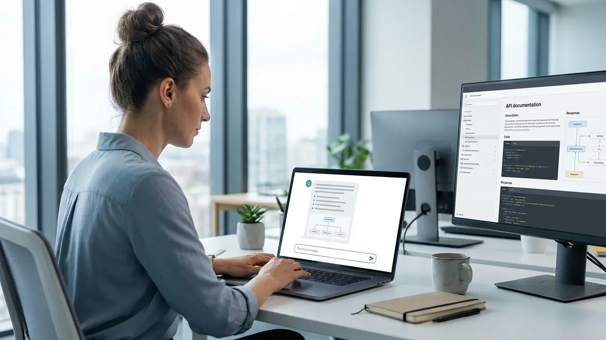 Wissensarbeiter nutzt einen Claude-KI-Assistenten am Laptop im modernen Büro, daneben ein Monitor mit API-Dokumentation