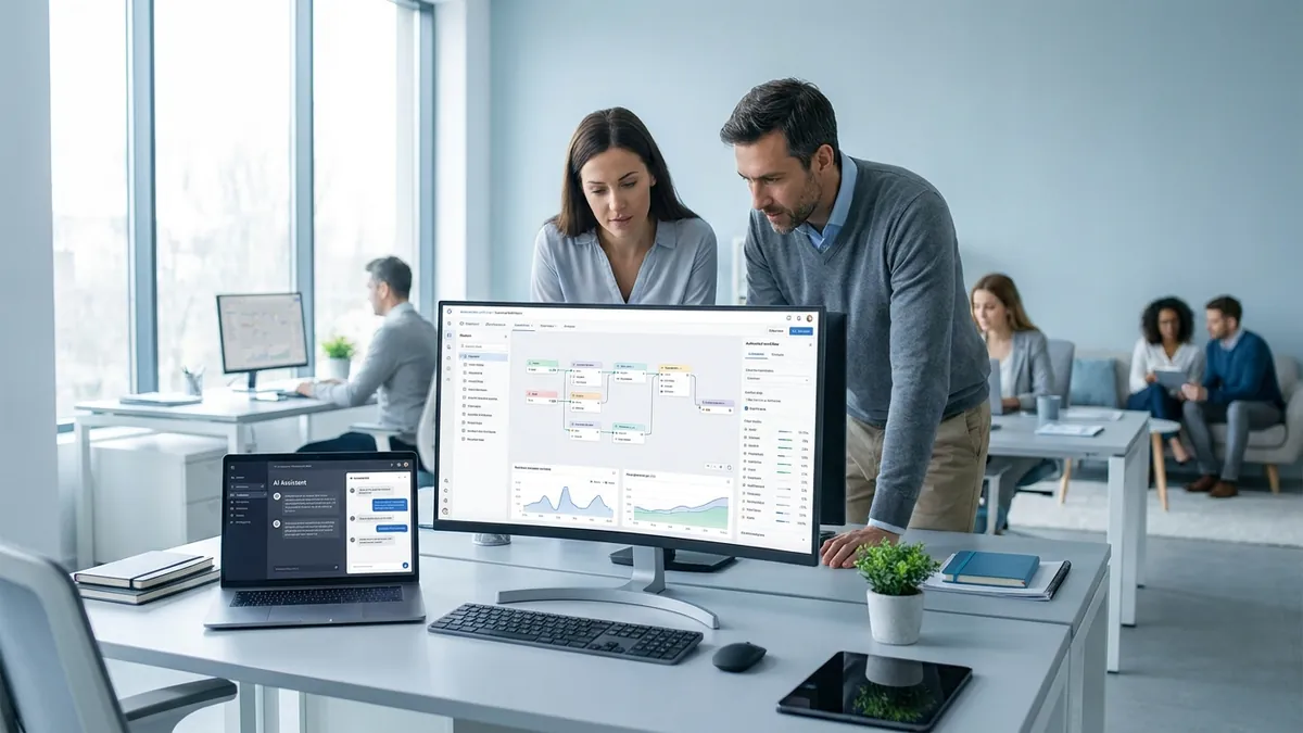 Kleines Team arbeitet im modernen Büro mit KI-gestützten Werkzeugen und prüft ein automatisiertes Workflow-Dashboard