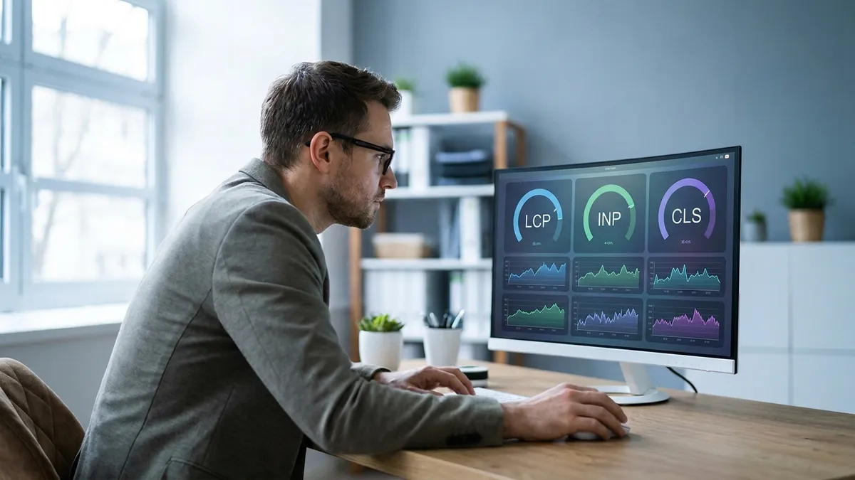 Web-Performance-Analyst betrachtet ein Dashboard mit den Core-Web-Vitals-Metriken LCP, INP und CLS auf einem großen Monitor