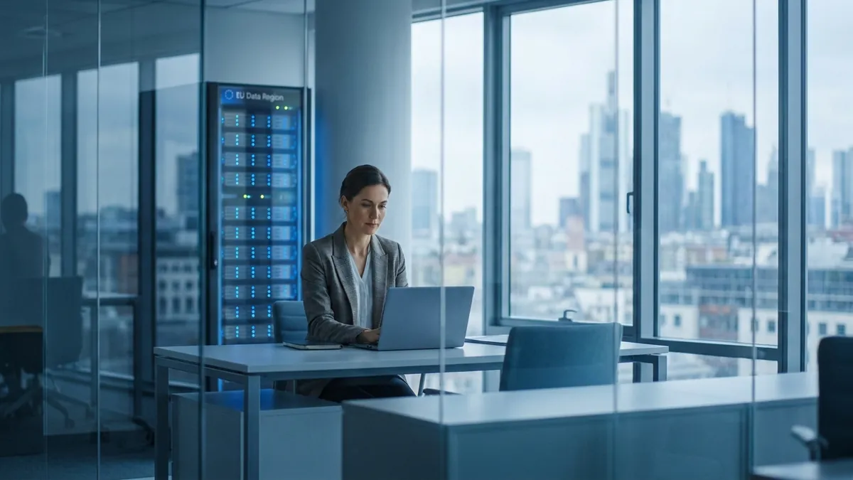 Modernes europäisches Büro mit Serverschrank und EU-Datenregion im Hintergrund als Sinnbild für datenschutzkonformes EU-Hosting