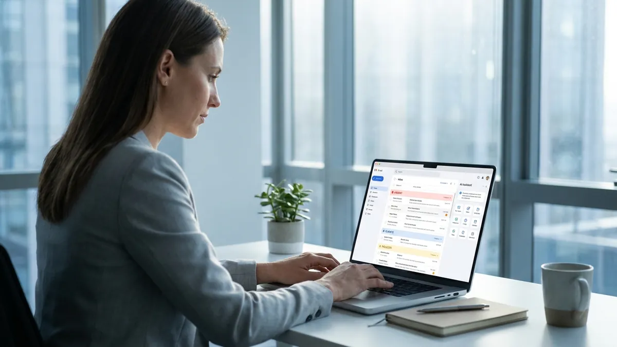 Geschäftsperson bearbeitet E-Mails effizient am Laptop mit priorisiertem Posteingang und KI-Assistent-Panel auf dem Bildschirm