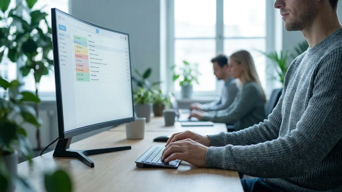 Aufgeräumter Arbeitsplatz mit ruhigem E-Mail-Workflow, ein entspannter Mitarbeiter prüft eine sortierte Posteingangs-Übersicht am Monitor