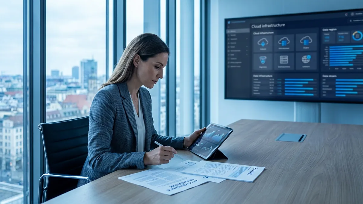 Compliance-Verantwortliche prüft EU-AI-Act- und Cloud-KI-Dokumente auf einem Tablet in einem modernen Büro, im Hintergrund ein Dashboard mit Datenregion-Anzeigen