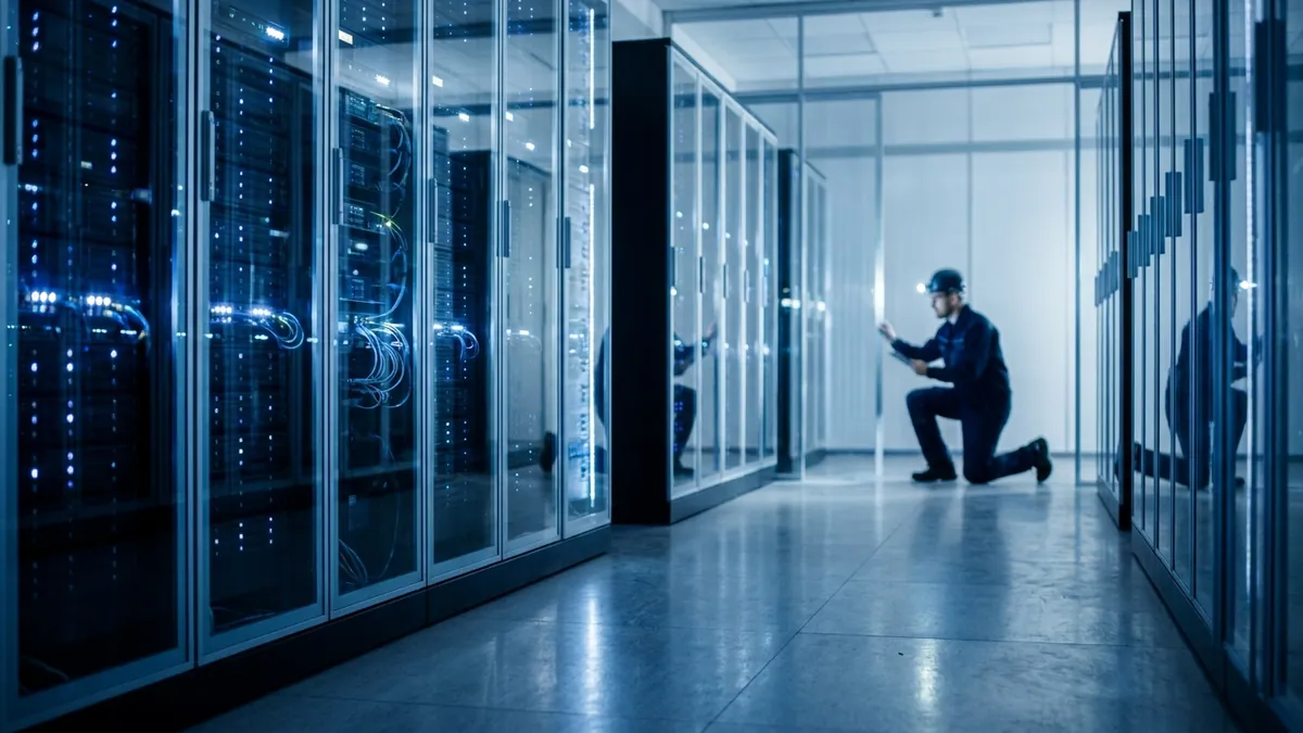 Modernes europäisches Rechenzentrum mit Reihen beleuchteter Serverschränke für Cloud-KI-Infrastruktur in kühlem blauem Licht