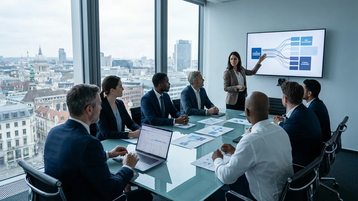 Geschäftsleute besprechen in einem modernen Konferenzraum die KI-Compliance-Strategie ihres Unternehmens zum EU AI Act