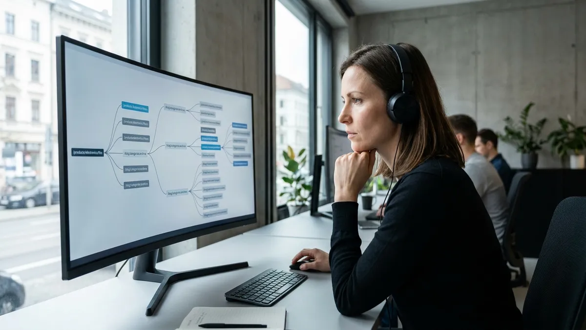 SEO-Spezialist analysiert die Crawl- und URL-Struktur eines Online-Shops mit Kategorie- und Filter-URLs auf einem großen Monitor