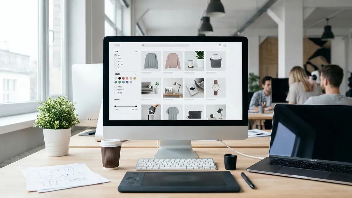 E-Commerce-Filteroberfläche mit Produktraster und Facetten-Sidebar für Größe, Farbe und Preis auf einem Desktop-Bildschirm