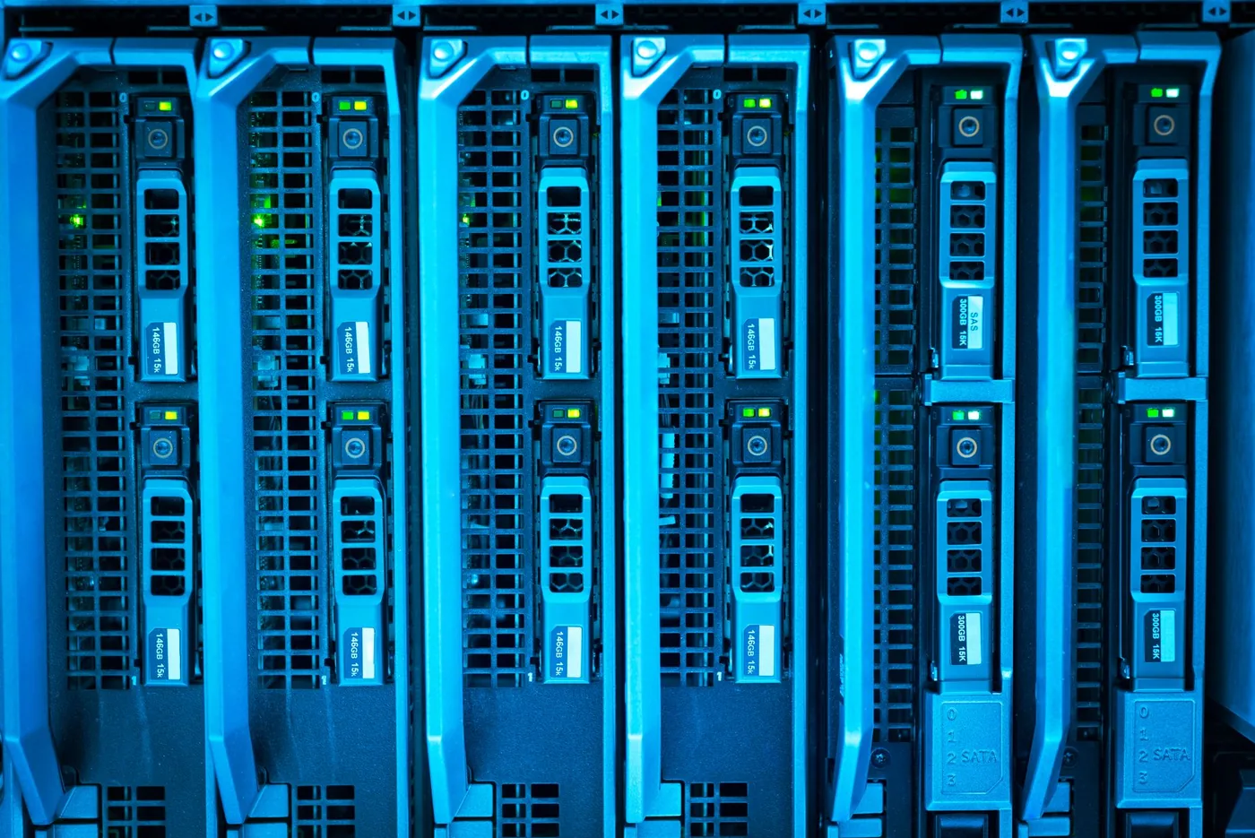 A server rack with blinking network lights