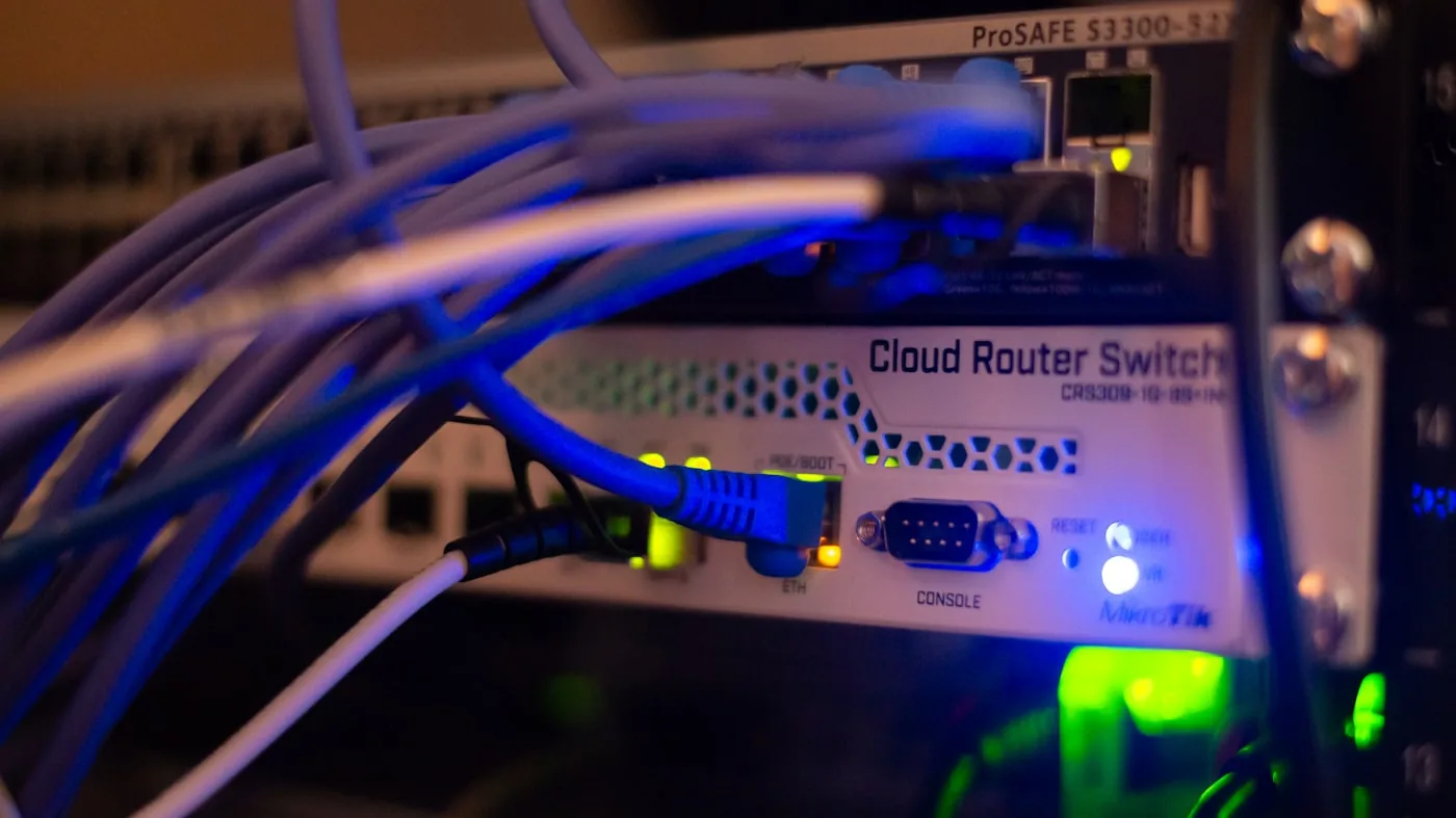 Network hardware with patched cables in a rack