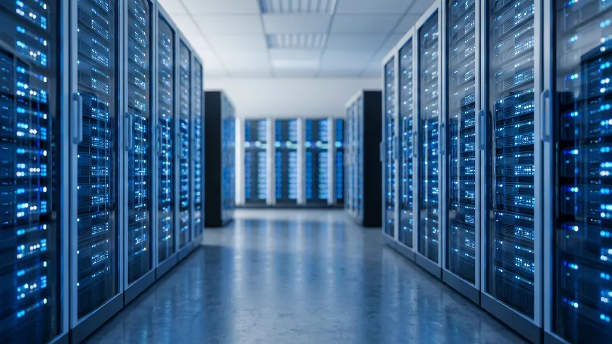 Modernes europäisches Rechenzentrum mit Reihen beleuchteter Server-Racks und NVMe-SSD-Infrastruktur