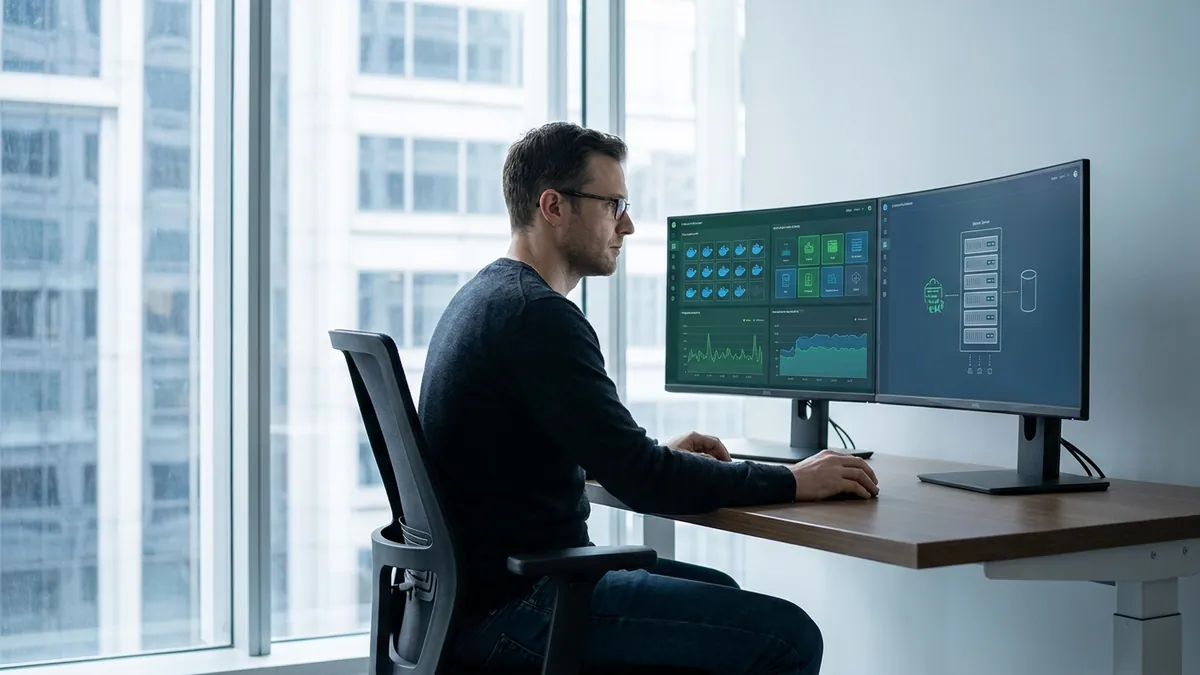 Administrator verwaltet Cloud-Infrastruktur und Deployment-Dashboards mit Uptime-Metriken am Monitor