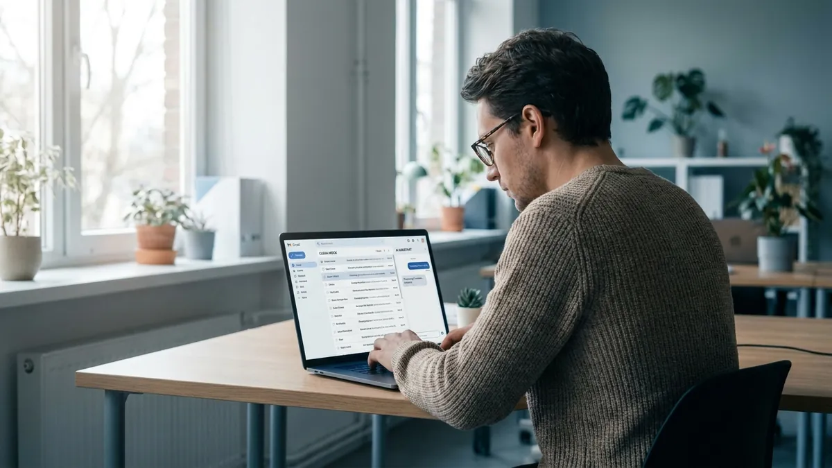 KMU-Mitarbeiter bearbeitet am Laptop eingehende E-Mails und Rechnungen mit Hilfe eines KI-Assistenten im modernen Büro
