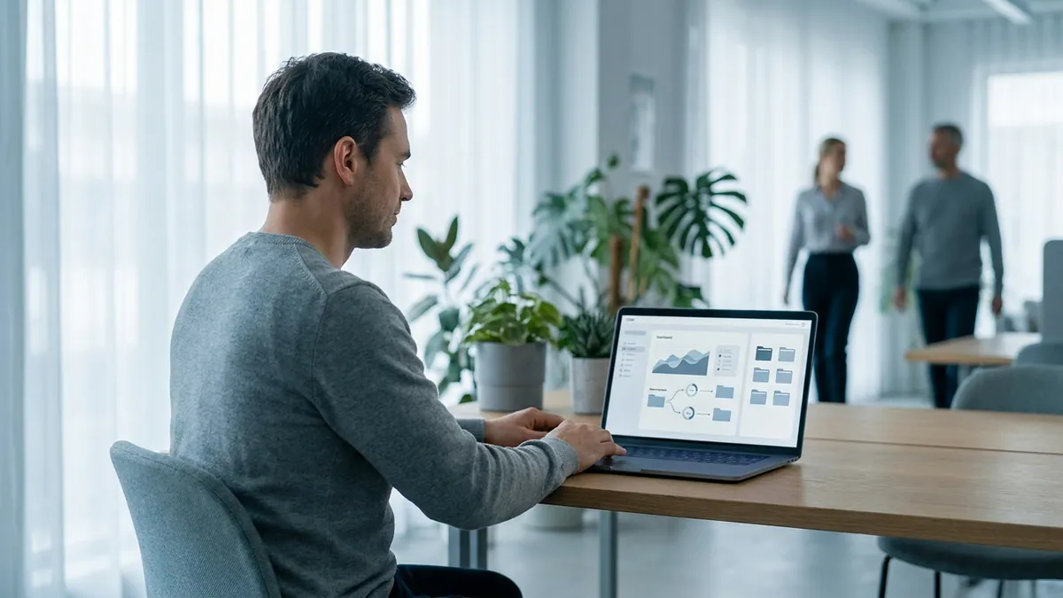 Aufgeräumter Büroarbeitsplatz, an dem Routinearbeiten automatisiert ablaufen, mit Workflow-Übersicht auf dem Laptop