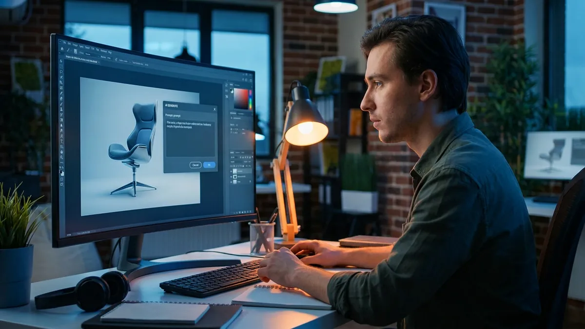 Grafikdesigner erstellt mit einem KI-Bildwerkzeug ein maßgeschneidertes Produktvisual am Studiomonitor