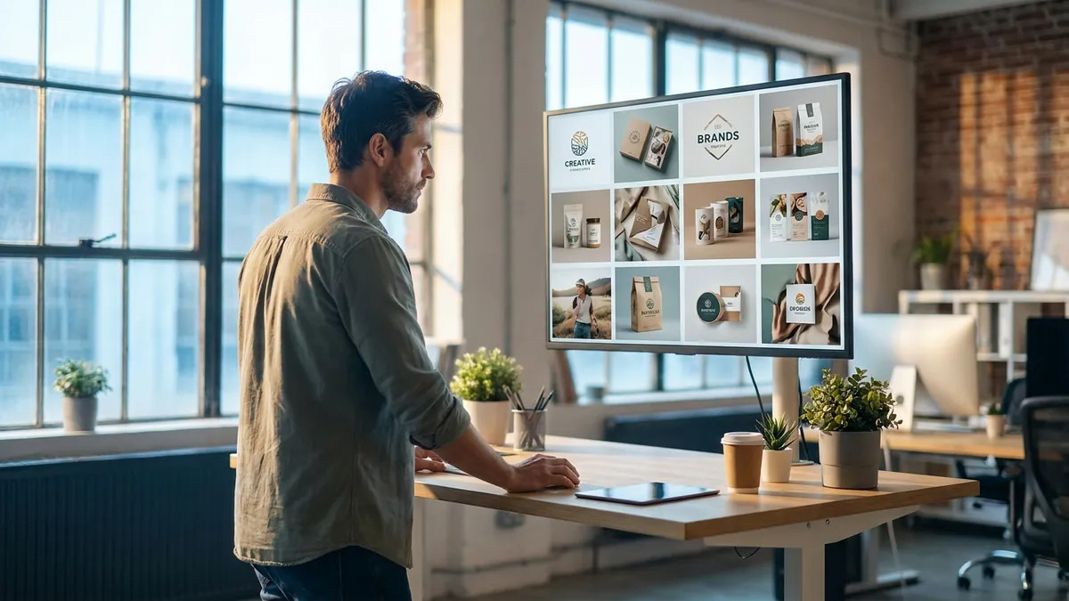 Kreativmarketer prüft eine Auswahl markengerechter KI-generierter Visuals im Agenturstudio