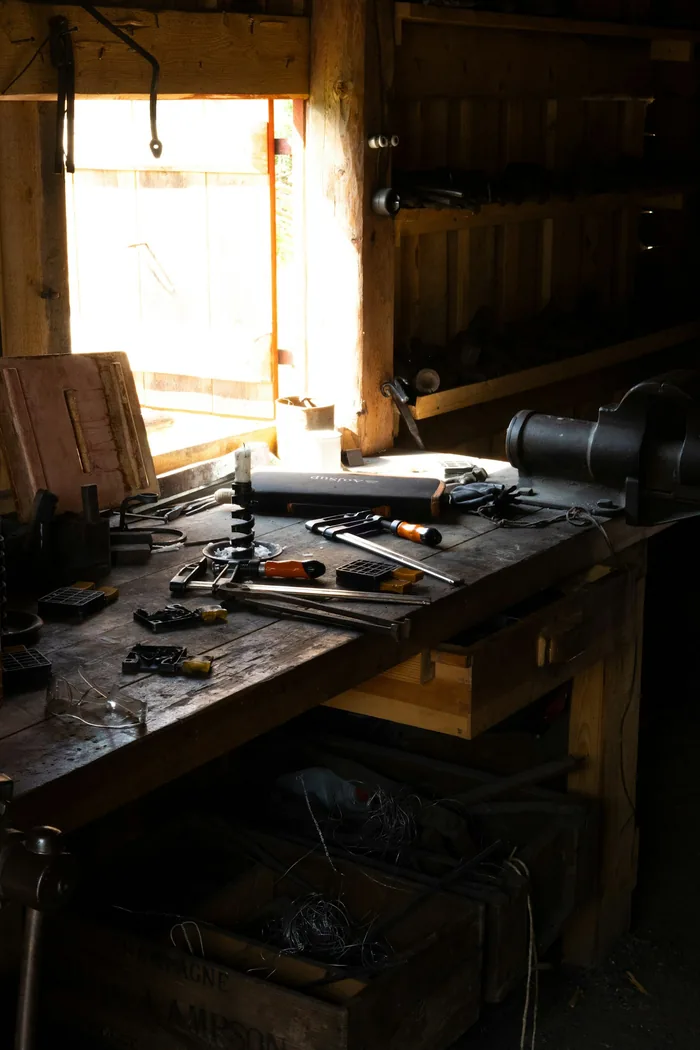 Workbench with tools in a craft workshop