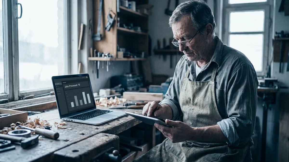 Handwerker prüft auf einem Tablet eine automatisch verarbeitete Angebotsanfrage, daneben ein Laptop mit Automatisierungs-Dashboard