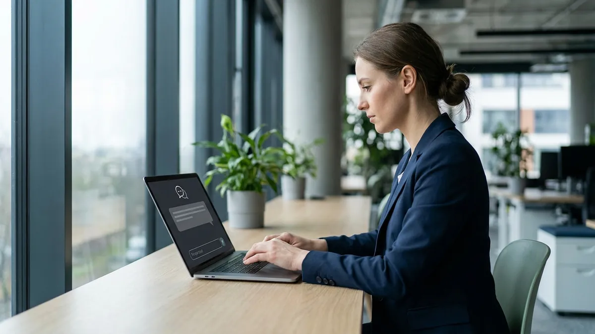 Geschäftsperson nutzt ein KI-Sprachmodell als Chat-Assistenten auf einem Laptop am modernen Büroarbeitsplatz