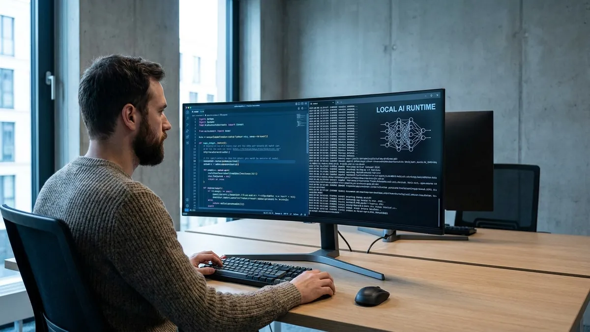 Entwickler betreibt ein quelloffenes KI-Modell lokal an einem Arbeitsplatz mit Code-Editor und Terminal auf dem Bildschirm