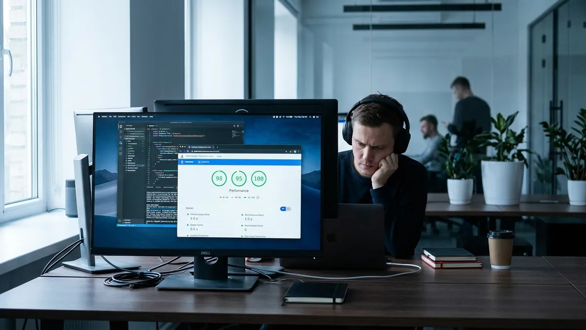 Webentwickler optimiert die Web Performance am Monitor mit Code-Editor und einem Lighthouse-Audit-Bericht mit grünen Score-Anzeigen