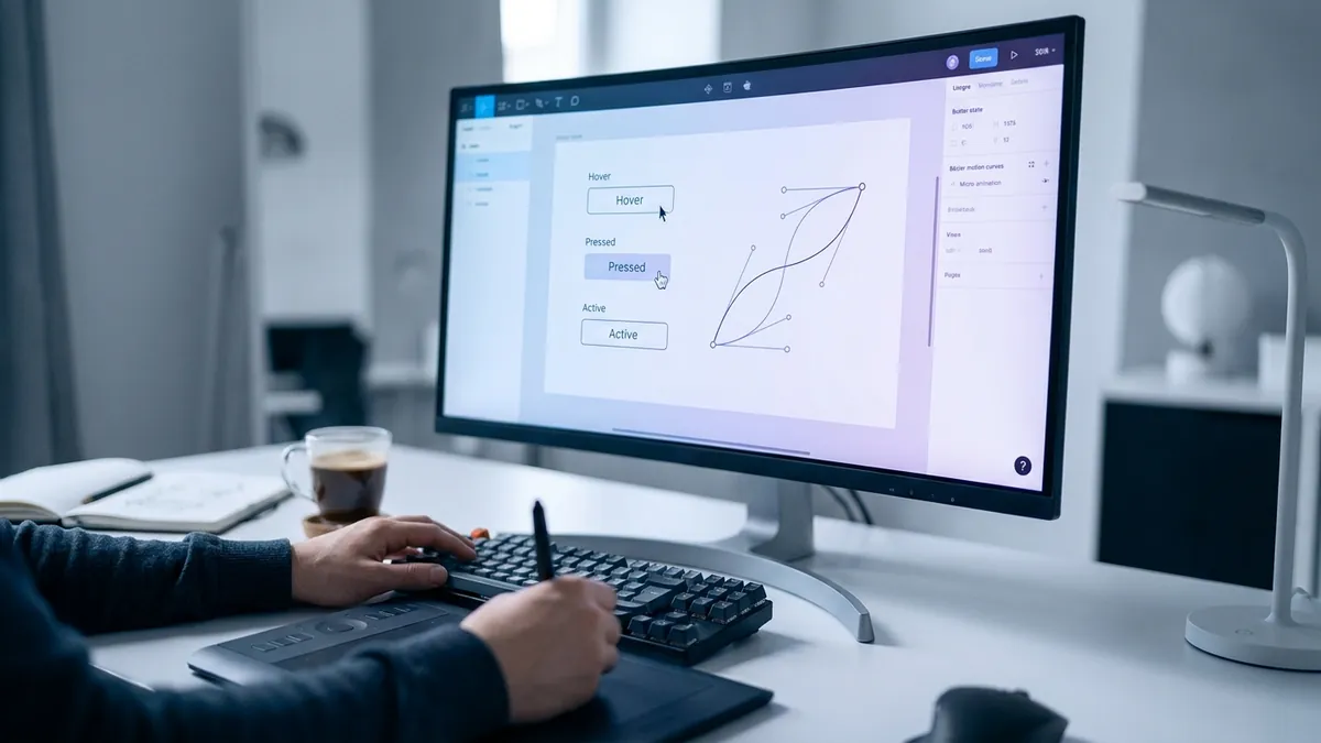 UI-Designer gestaltet Microinteractions und Bewegungskurven für Button-Zustände auf einem großen Monitor