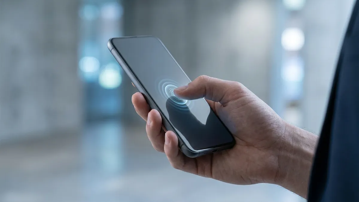 Finger tippt einen interaktiven Button auf einem Smartphone an und löst ein subtiles visuelles Feedback aus