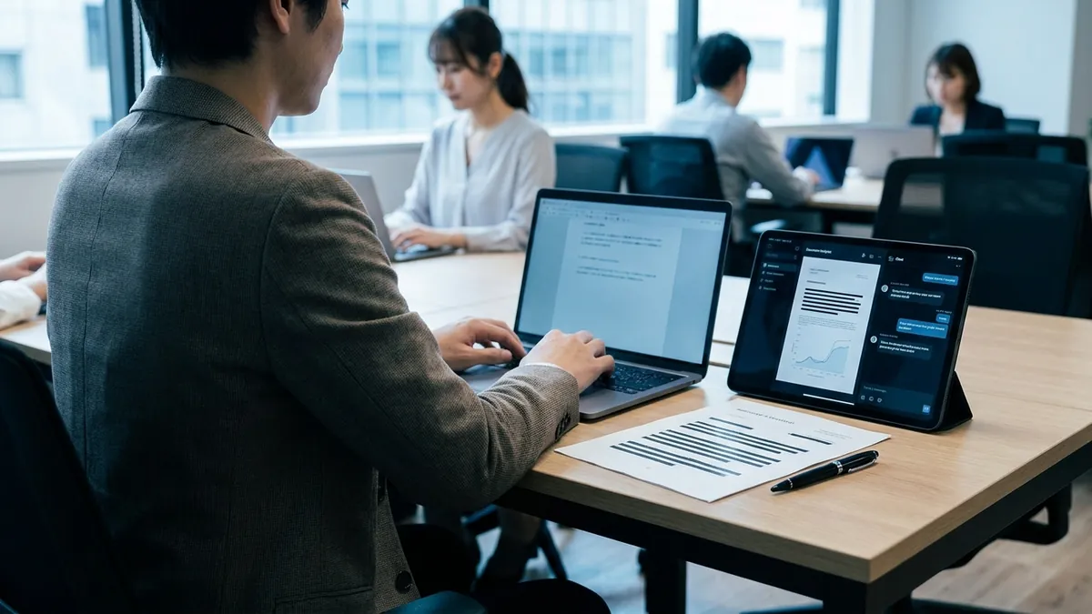 Geschäftsmann verarbeitet datenschutzbewusst Unternehmensdokumente mit einem KI-Assistenten auf dem Laptop im Büro