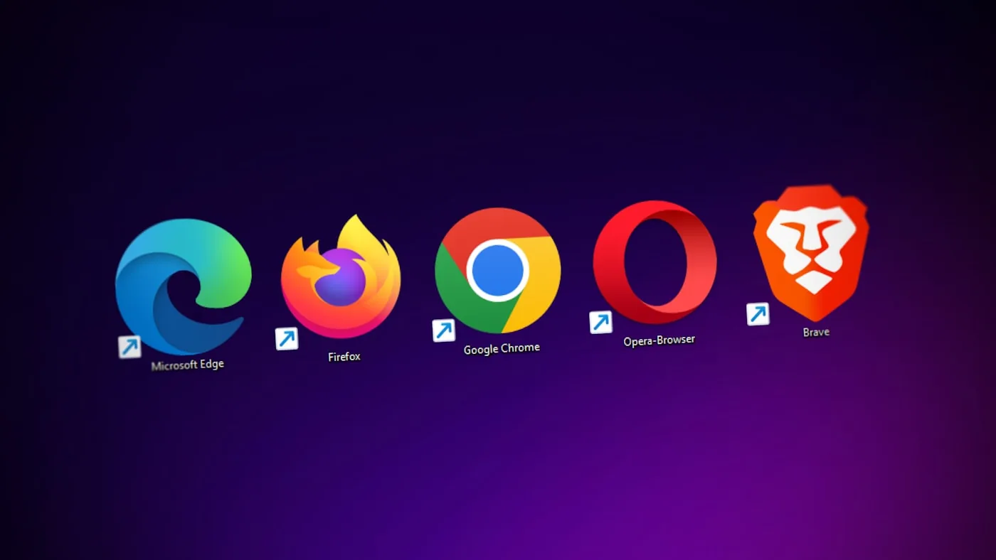 Verknüpfungssymbole von Microsoft Edge, Firefox, Google Chrome, Opera und Brave nebeneinander auf einem violetten Desktop-Hintergrund
