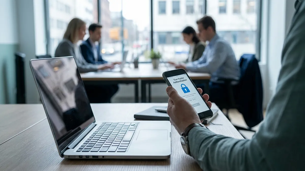 Sichere Anmeldung an einem Arbeitskonto per Smartphone und Notebook mit Zwei-Faktor-Authentifizierung im Büro
