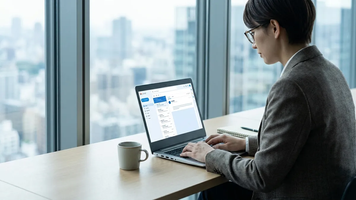 Geschäftsperson liest E-Mails in einem professionellen Mailprogramm auf einem Laptop am Büroarbeitsplatz