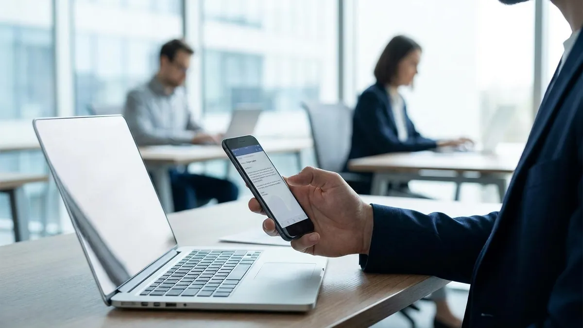 Geschäftsperson tippt eine professionelle Nachricht auf dem Smartphone neben einem Laptop im modernen Büro