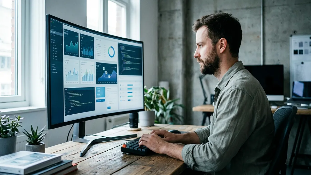 Frontend-Entwickler arbeitet an einer reaktiven Web-App mit komponentenbasierter Oberfläche auf einem grossen Monitor