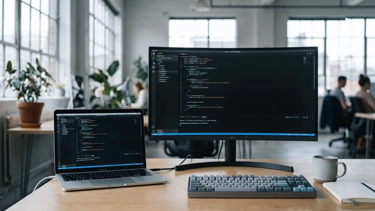 Moderner Coding-Arbeitsplatz mit Laptop und Widescreen-Monitor, auf dem strukturierter JavaScript-Code zu sehen ist