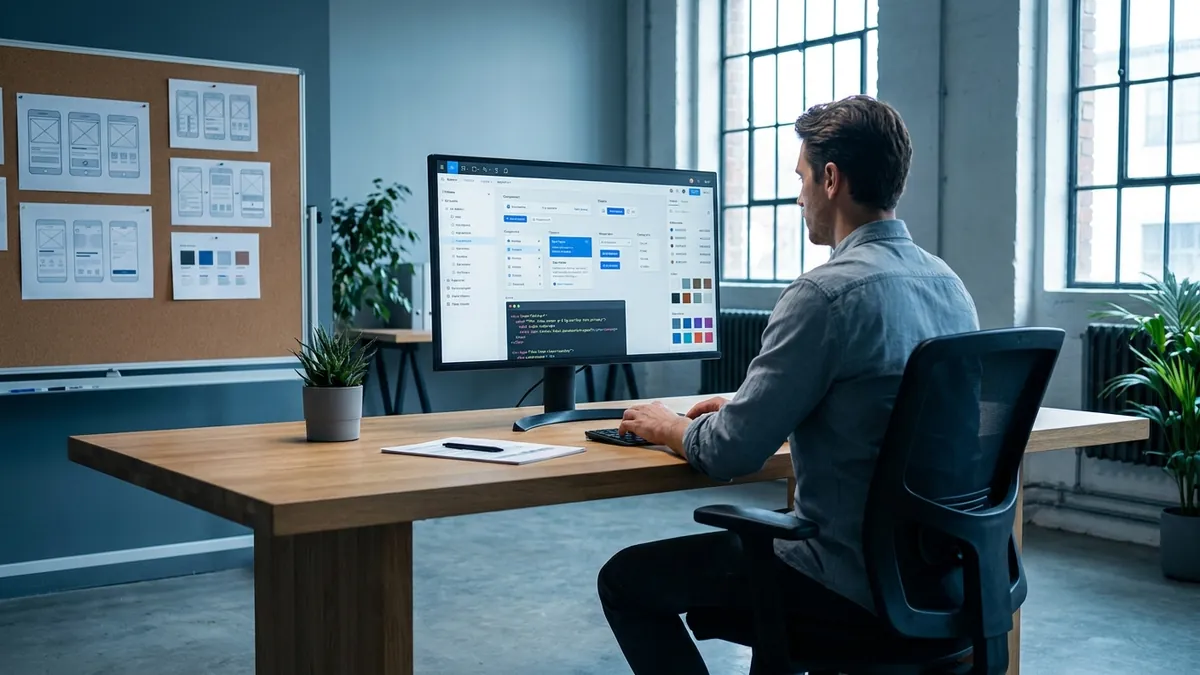 Frontend-Entwickler gestaltet ein responsives Web-Interface mit Utility-Klassen und einer Design-System-Farbpalette an einem Widescreen-Monitor
