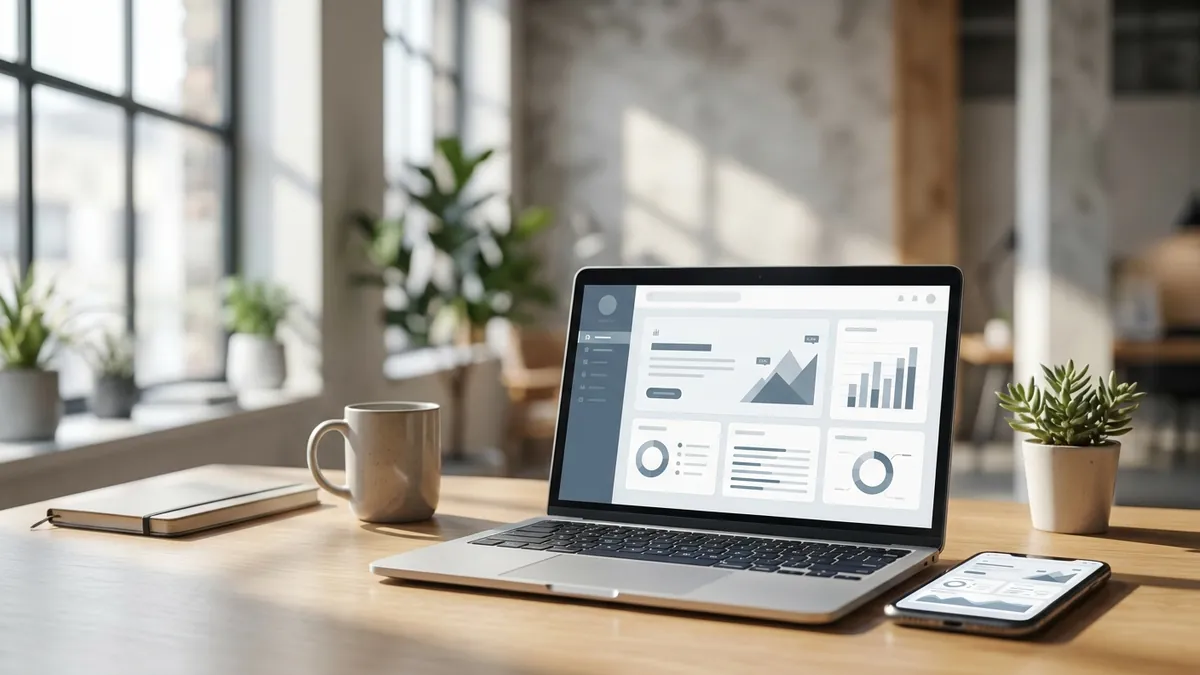 Modernes responsives Website-Design mit konsistentem Design-System auf Laptop und Smartphone nebeneinander auf einem Designer-Schreibtisch