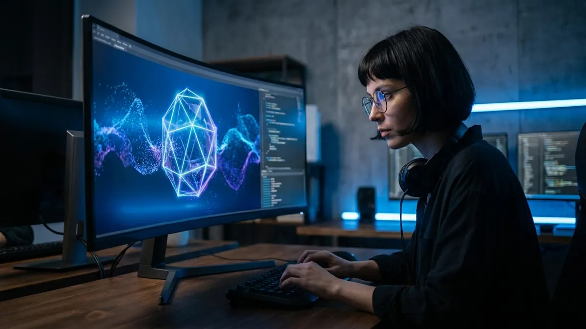 Webentwickler arbeitet an einer interaktiven 3D-Webgrafik mit Partikeleffekten auf einem hochwertigen gebogenen Monitor in einem dunklen Designstudio
