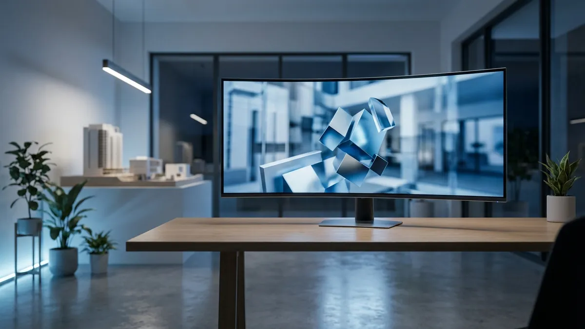 Immersive interaktive 3D-Website mit räumlicher Produktvisualisierung auf einem großen Premium-Monitor in einem modernen Studio
