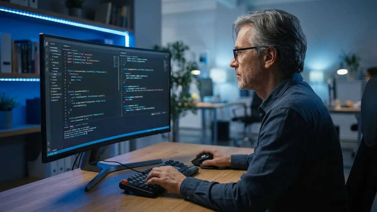Senior-Entwickler programmiert konzentriert an typsicherem TypeScript-Code in einem Code-Editor auf einem großen Monitor