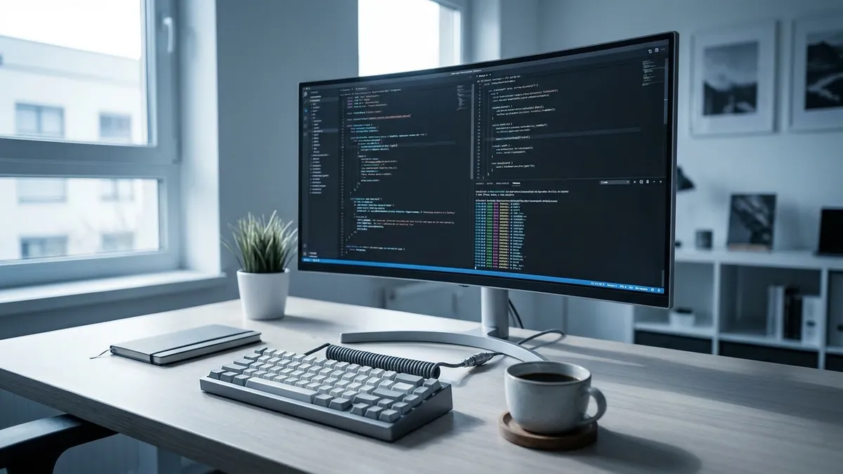 Sauberer moderner Entwickler-Arbeitsplatz mit aufgeräumtem Code-Editor und integriertem Terminal auf einem Widescreen-Monitor