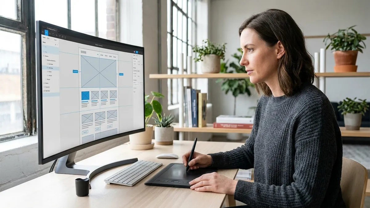 Webdesignerin arbeitet an einem professionellen Website-Layout mit Gestaltungsraster auf einem großen Monitor