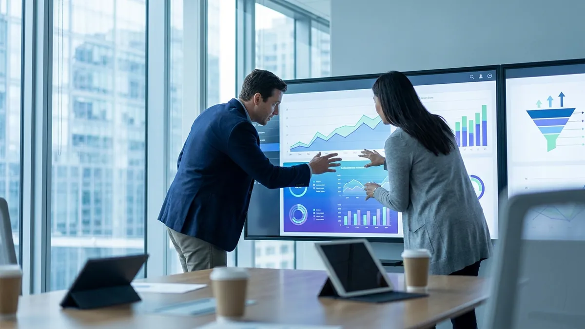 Business-Meeting mit Blick auf ein Website-Analytics-Dashboard mit steigenden Wachstums- und Conversion-Kurven