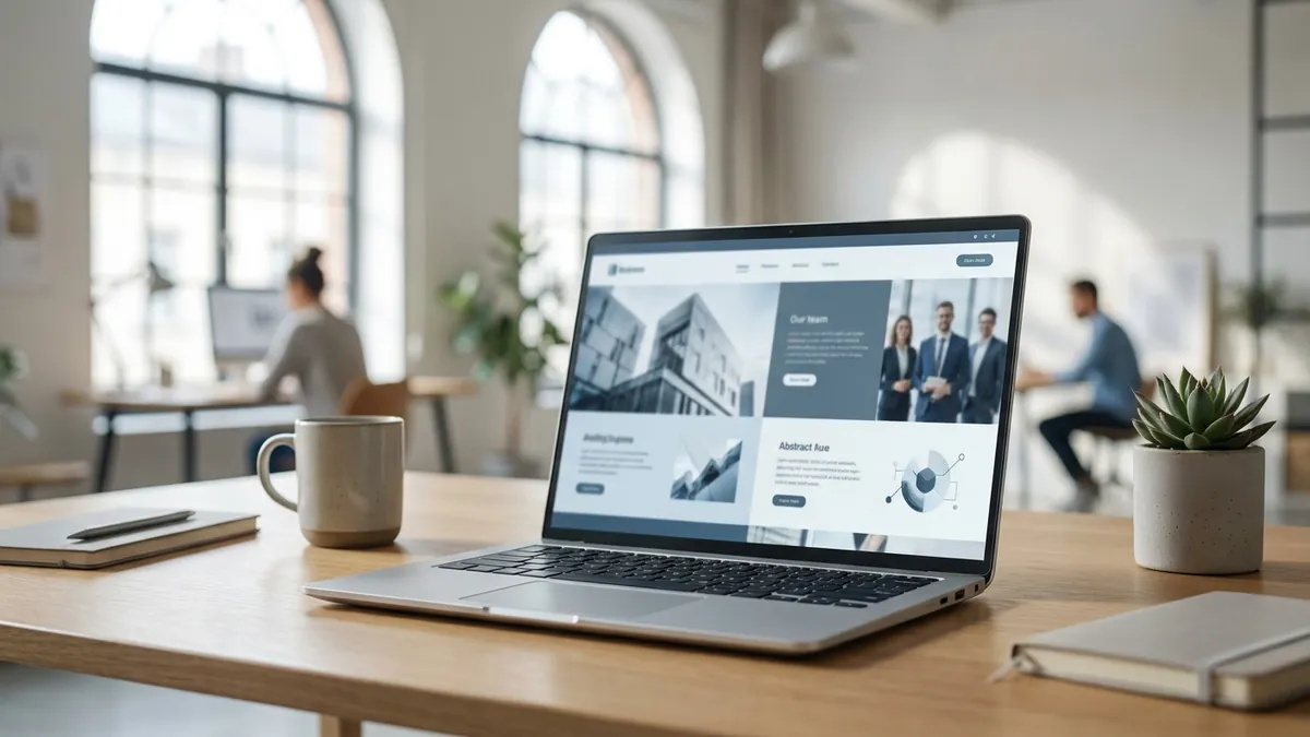 Schnell ladende moderne Unternehmenswebsite auf einem Laptop mit klarem Layout als Beispiel für gute Website-Performance