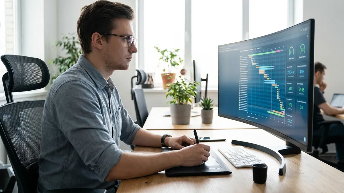Webentwickler analysiert die Ladezeiten einer Website anhand eines Performance-Diagramms auf einem großen Monitor