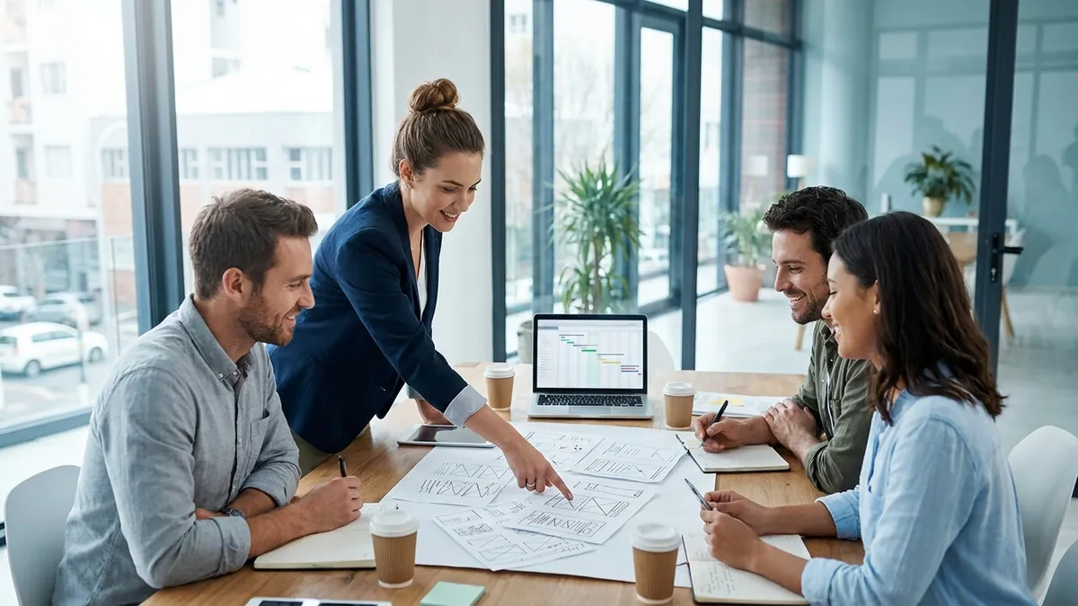 Kleines Unternehmensteam plant einen Website-Relaunch und bespricht handgezeichnete Wireframe-Skizzen und eine Projekt-Roadmap im Meetingraum