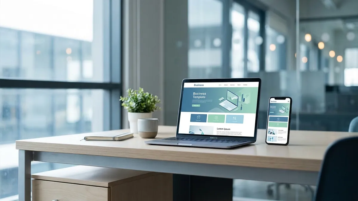 Moderner Arbeitsplatz nach erfolgreichem Relaunch mit einer schnellen, responsiven Unternehmenswebsite auf Laptop und Smartphone