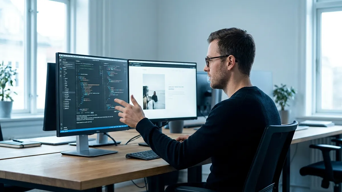 Entwickler vergleicht ein klassisches CMS und eine moderne Website nebeneinander auf einem großen Monitor