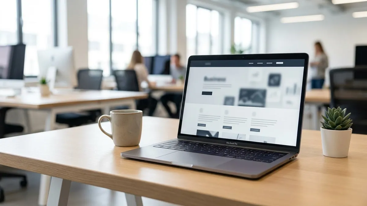 Aufgeräumte moderne Website auf einem Laptop in einer hellen Agentur-Umgebung